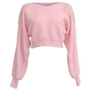 Alessandra Rich Beaded Cropped Sweater in Pink Anggora Wool